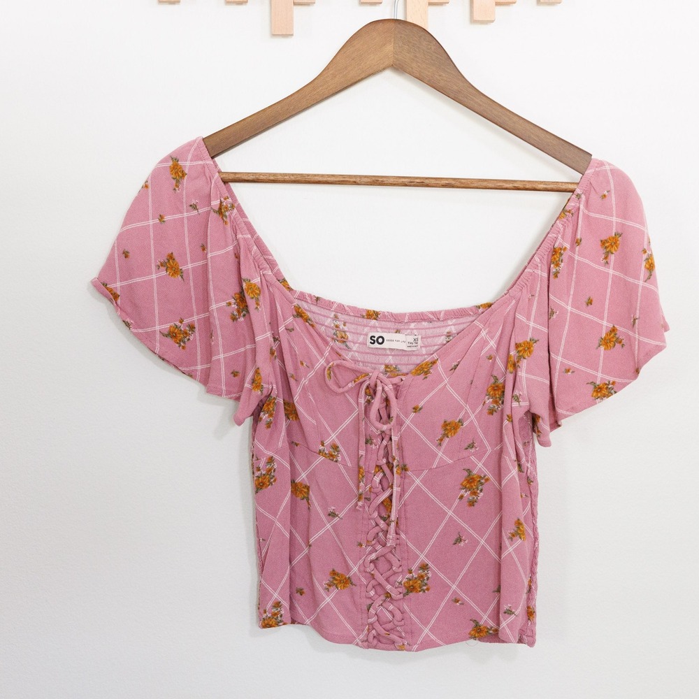 Pink Floral Grid Lace Up Tiny Top XS Cottagecore Smocked Back